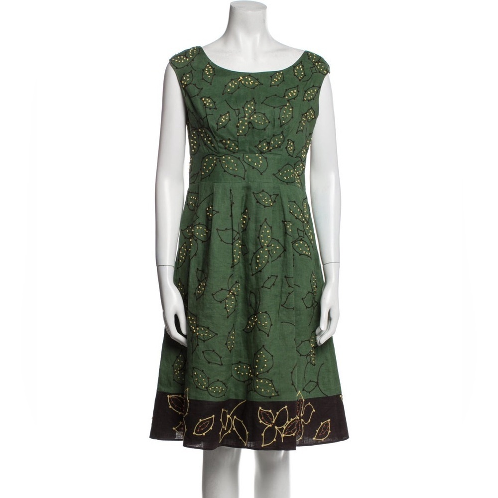 Lafayette 148 Green Linen Bateau Neck Leaf Embroidery Wait Tie Dress EUC Size 12